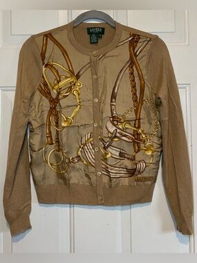 Lauren Ralph Lauren Equestrian Tan Cashmere Silk Sweater Cardigan P/P Petite